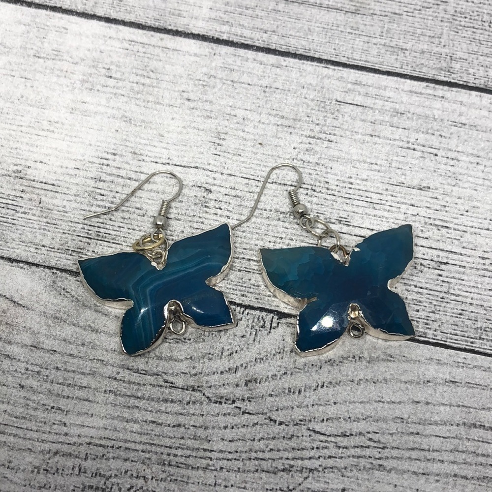 Handmade artisan blue agate buttefly shape earrings statement boho